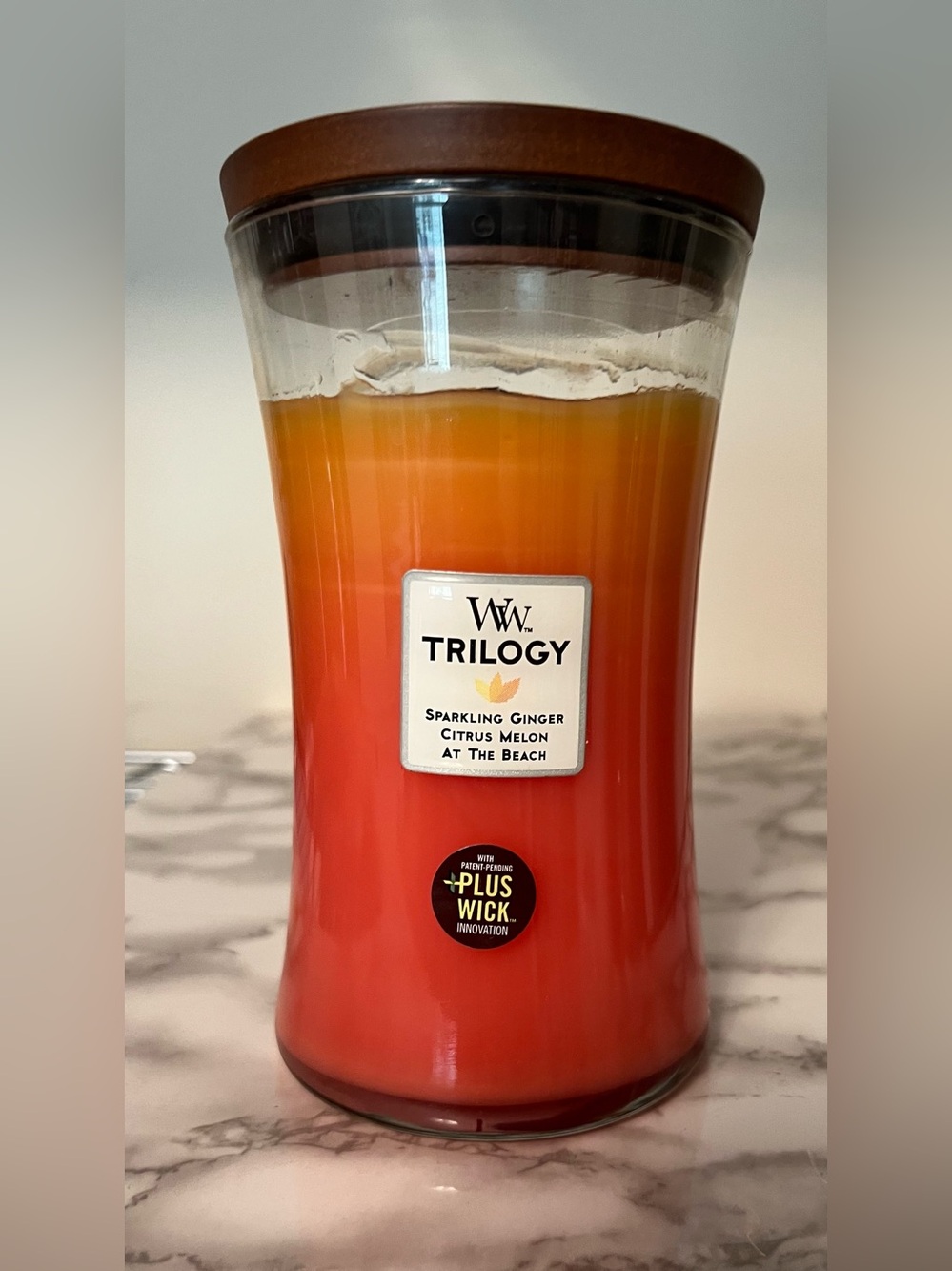 WoodWick Island Sunrise Trilogy 22 oz Candle Ginger Melon Beach ~90%